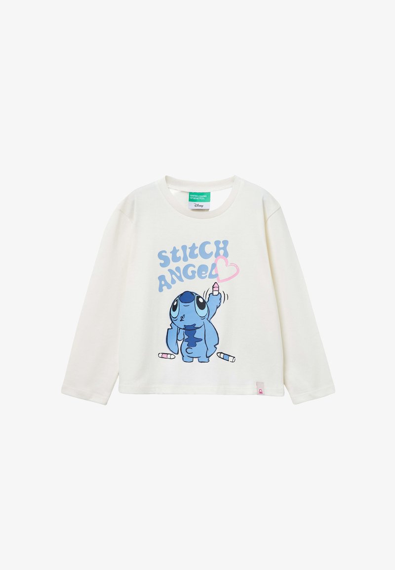 Witte lange mouw shirt met een blauwe cartoonfiguur en de tekst "STITCH ANGEL" in blauw, met roze en witte accenten. Zacht katoen materiaal.