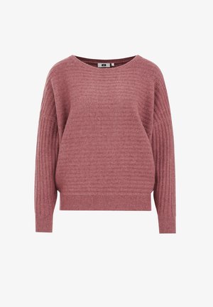 Svijetloružičasti rebrasti pulover s širokim izrezom i spuštenim ramenima. Mekana tekstura i ležeran kroj, s rebrastim rubom i manžetama.