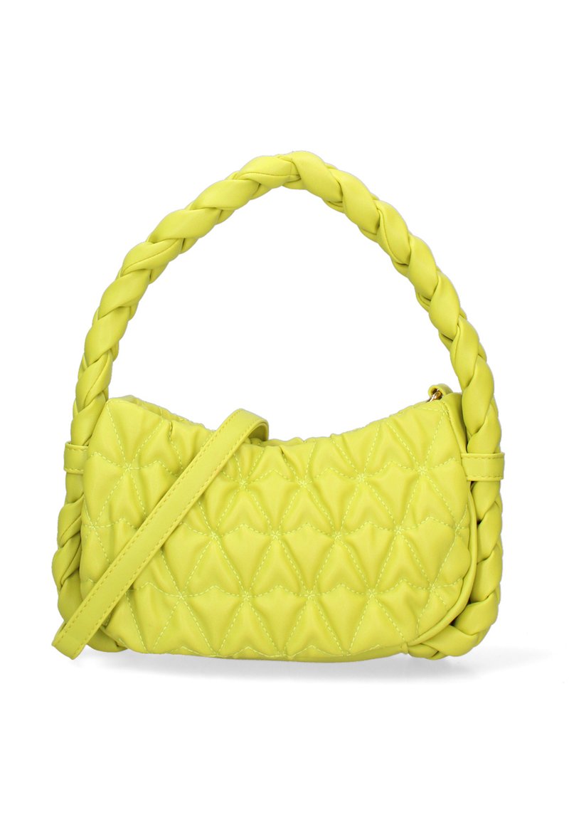 Borsa a tracolla gialla trapuntata con manico intrecciato, caratterizzata da una superficie liscia e una tracolla staccabile. Include una chiusura con zip.
