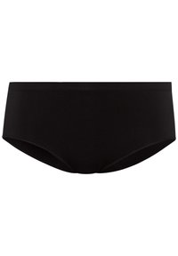 Schwarze Hipster-Unterwäsche aus weichem Stoff, mit einem glatten elastischen Bund und einem einfachen, nahtlosen Design ohne Verzierungen.