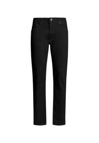 Mustat suorat lahkeet -farkut, joissa on etutaskut, vyölenkit ja nappisulku, esillä valkoista taustaa vasten.