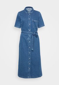 Denim obleka s kratkimi rokavi, z gumbi spredaj in z pasom. Ima žep na prsih in sproščen kroj. Temno modra barva.