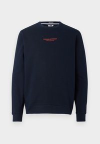 Navy sweatshirt made of cotton, featuring a round neckline. Front displays "WEEKEND OFFENDER" and "ADMIT NOTHING" in orange text.