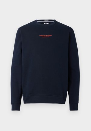 Navy sweatshirt made of cotton, featuring a round neckline. Front displays "WEEKEND OFFENDER" and "ADMIT NOTHING" in orange text.