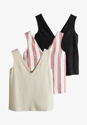 Tre ærmeløse toppe: en sort v-hals, en stribet pink og hvid, samt en beige, alle med en enkel skæring og tekstureret stof.