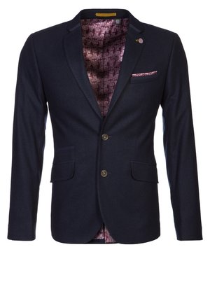 Marineblauer Herrenblazer mit zwei Knöpfen, steinernen Revers, vorderen Klappentaschen, rosa Blumenfutter und passendem Einstecktuch.