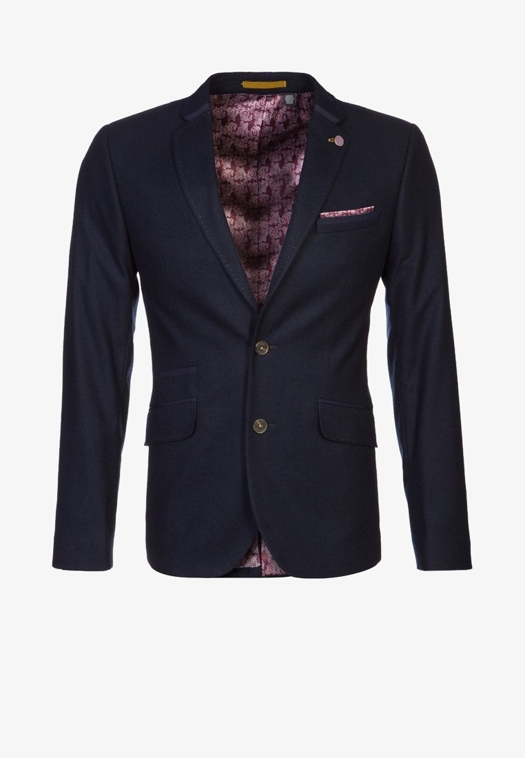 Blazer homme bleu marine à deux boutons, revers crantés, poches frontales à rabat, doublure fleurie rose et pochette assortie.