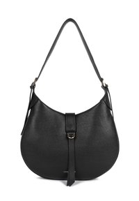 Sac à bandoulière en cuir noir avec une silhouette courbée, présentant une boucle de sangle à l'avant et une finition texturée. Sangle d'épaule simple et réglable.