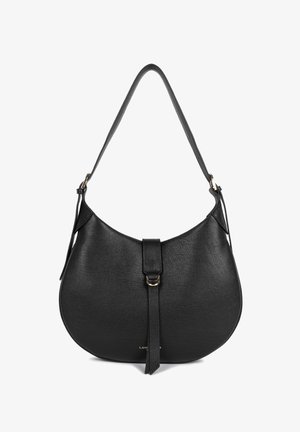 Borsa a tracolla in pelle nera con silhouette curva, dotata di una fibbia sulla parte anteriore e una finitura testurizzata. Tracolla semplice e regolabile.