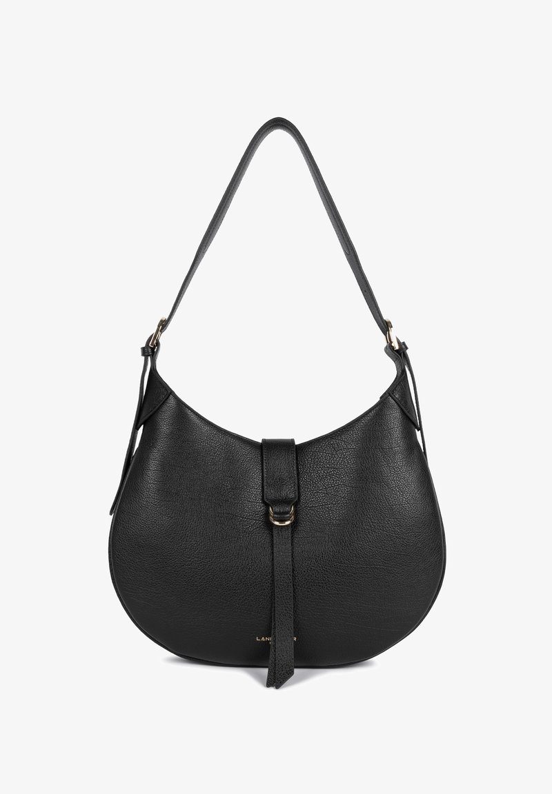 Black leather shoulder bag with a curved silhouette, featuring a front strap buckle and a textured finish. Simple, adjustable shoulder strap.