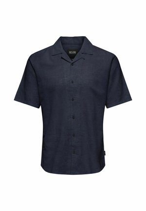 Kortermet skjorte med krage i mørk marineblå lin. Har en knappede front med en glattere tekstur og subtil glans.