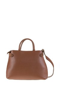 Sac en cuir marron à texture granuleuse avec deux poignées et une bandoulière réglable, présenté sur un fond blanc.
