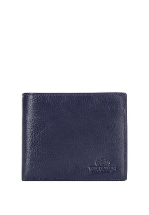 Portafoglio bifold in pelle blu scuro con superficie strutturata e piccolo logo in rilievo con la scritta "WITTCHEN" nell'angolo inferiore destro anteriore.