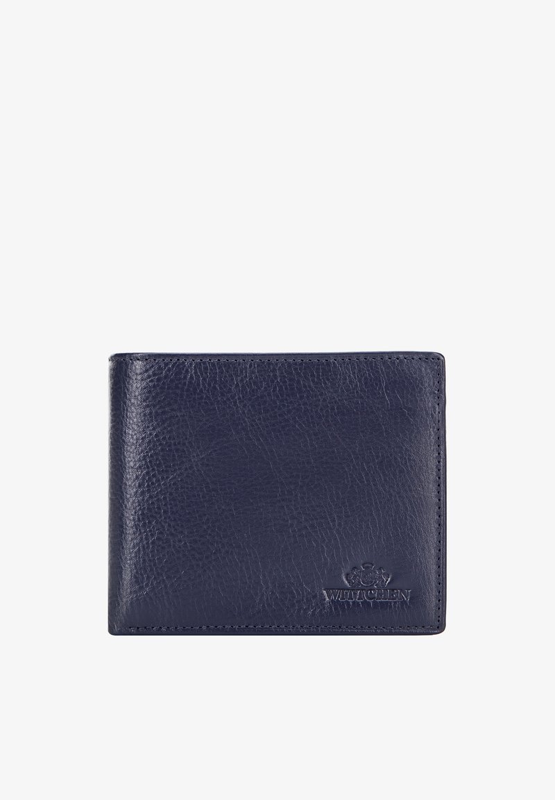 Portefeuille bifold en cuir bleu foncé avec une surface texturée et un petit logo embossé indiquant "WITTCHEN" dans le coin inférieur droit à l'avant.