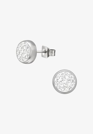 Zilveren studoorbellen in een ronde vorm, met een cluster van heldere kristallen aan de voorkant voor een reflecterend oppervlak.