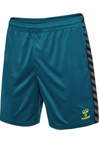 Teal sportshorts i slät tyg med en svart sidopanel med ett geometriskt mönster och en gul logotyp nära fållen.