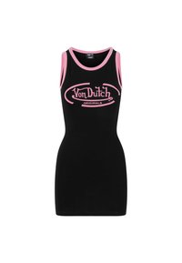 Crna haljina bez rukava s pripijenim oblikom, s ružičastim akcentima na izrezu i oko ruku. "Von Dutch ORIGINALS" logotip u ružičastoj boji.