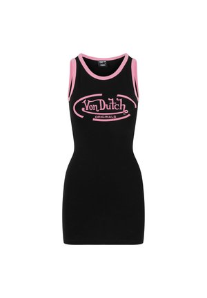 Robe noire sans manches avec une coupe ajustée, présentant des accents roses au niveau du col et des emmanchures. Logo "Von Dutch ORIGINALS" en rose.