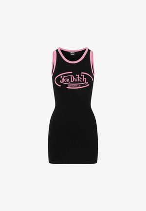 Abito nero senza maniche con una forma aderente, caratterizzato da accenti rosa sul collo e sulle aperture delle braccia. Logo "Von Dutch ORIGINALS" in rosa.