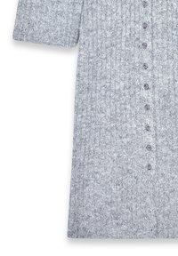 Gray knitted dress with short sleeves, featuring a vertical rib texture and six large buttons down the front. Soft, medium-weight material.