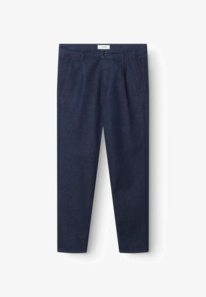 Tummansininen farkut suoran lahkeen muotoilulla, jossa on napitussulku, etupussit ja siisti, yksinkertainen rakenne.