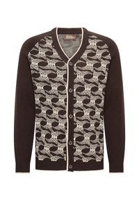 Hnědý cardigan s krémovým geometrickým vzorem, V-výstřih, přední zapínání na knoflíky a jednobarevné rukávy. Měkký pletený materiál.