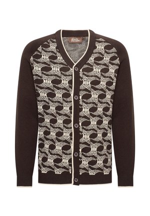 Cardigan marrón con un patrón geométrico crema, cuello en V, cierre de botones en la parte delantera y mangas de color sólido. Material de punto suave.