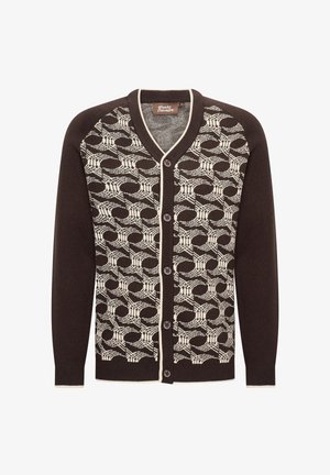 Bruine cardigan met een crèmekleurig geometrisch patroon, V-hals, knopen aan de voorkant en effen gekleurde mouwen. Zacht breimateriaal.