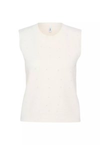 Mouwloos lichtcrème gebreid topje met een ronde halslijn, voorzien van kleine textuuraccenten over de stof voor extra detail.