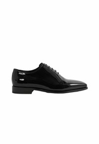 Scarpa da donna in pelle verniciata nera con punta affusolata, design con lacci e tacco basso a forma quadrata. Texture liscia e finitura lucida.