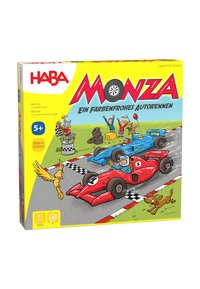 Board game box featuring colorful cartoon race cars (red and blue) on a racetrack. Yellow background, checkered flags, and playful characters.