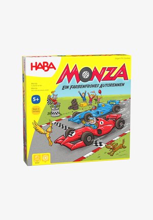 Board game box featuring colorful cartoon race cars (red and blue) on a racetrack. Yellow background, checkered flags, and playful characters.