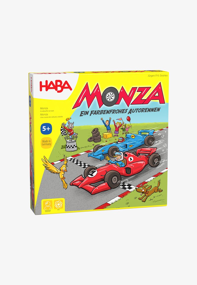 Board game box featuring colorful cartoon race cars (red and blue) on a racetrack. Yellow background, checkered flags, and playful characters.