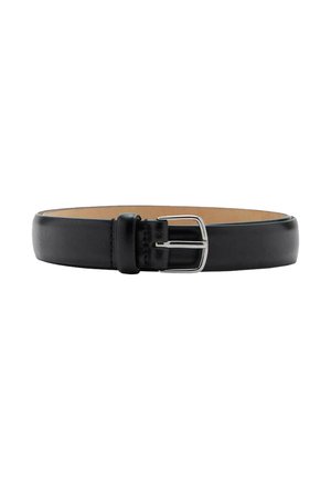 Black leather belt with shiny silver metal buckle, featuring a smooth texture and a minimalist design. The interior is tan.