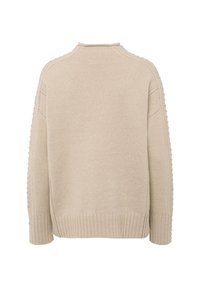 Beige knit sweater with a ribbed hem, featuring textured detailing along the shoulders. Relaxed fit and medium weight fabric.