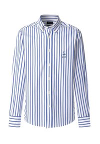 Camisa de manga larga blanca con botones, con rayas verticales azules, cuello abotonado y un logotipo bordado en el pecho.