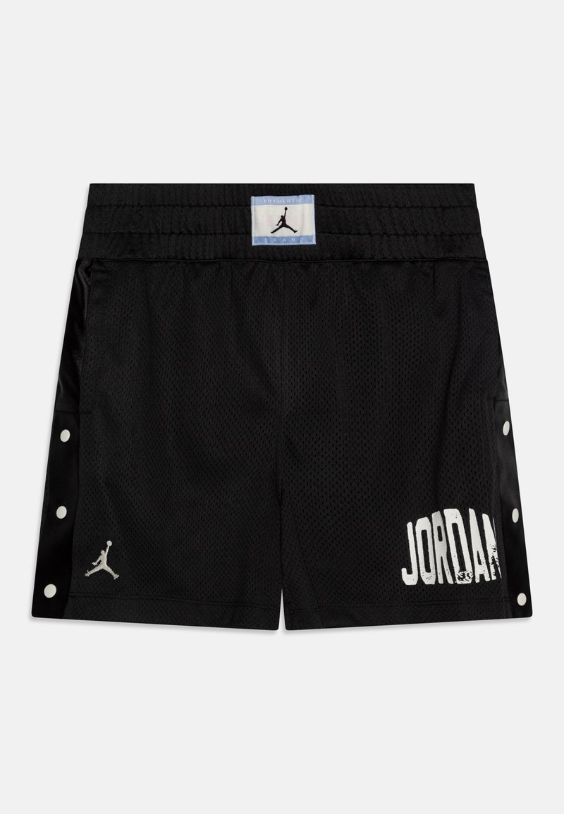 Black mesh shorts with an elastic waistband, white "JORDAN" print, and silver logo. Features snap button detailing on sides. Textured fabric.
