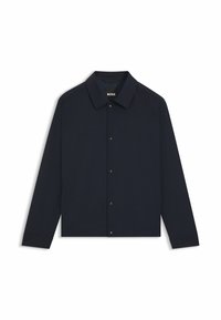 Navy blue long-sleeve jacket with a collar, front button closure, side pockets, and a visible "BOSS" label inside the collar.