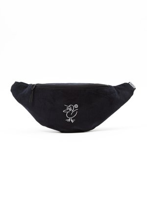 Black corduroy fanny pack with zip closure and embroidered bird design on the front. Features rounded shape and soft texture.