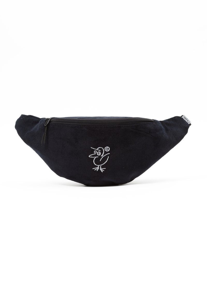 Schwarze Corduroy-Bauchtasche mit Reißverschluss und besticktem Vogelmotiv auf der Vorderseite. Sie hat eine runde Form und eine weiche Textur.