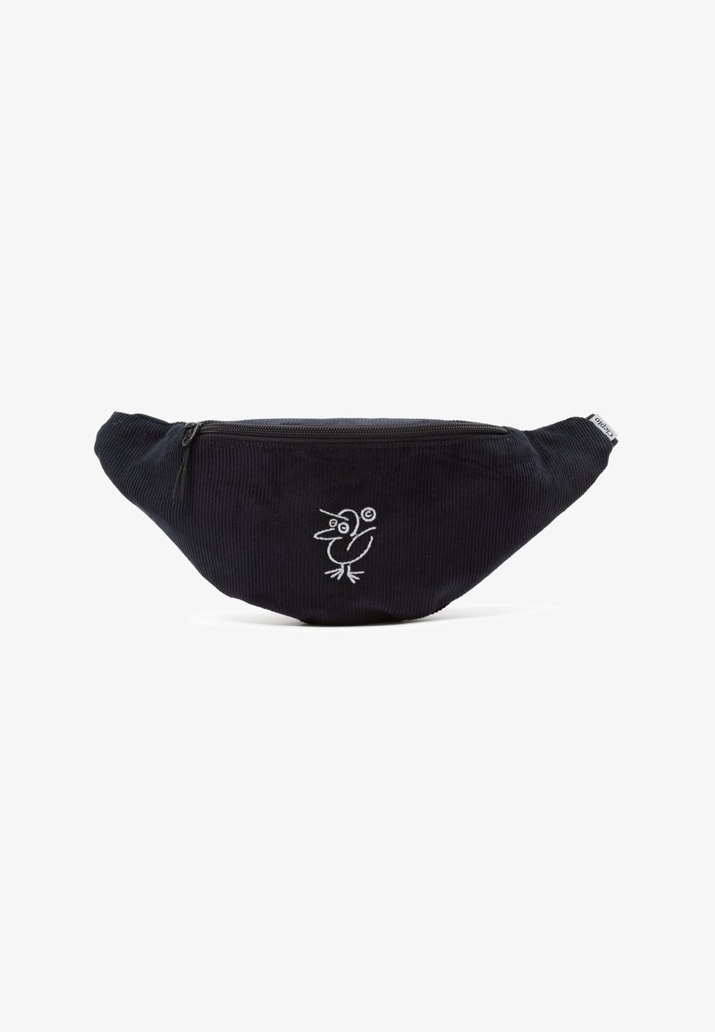 Black corduroy fanny pack with zip closure and embroidered bird design on the front. Features rounded shape and soft texture.