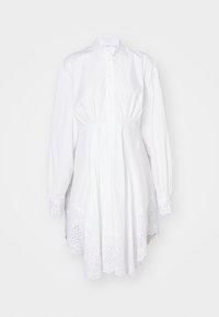 Biele dlhé košeľové šaty s vysokým golierom, zapínaním na gombíky a čipkovými detailmi. Vyšívaný vzor na leme a manžetách, mäkká bavlnená tkanina.