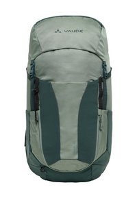 Sac à dos vert avec une surface texturée, présentant des panneaux en maille et plusieurs compartiments. Bretelles ajustables et logo sur le dessus.