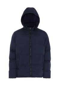 Navy puffer jacket with a zip closure and hood. Features quilted design and side pockets. Made from a smooth, water-resistant material.