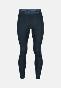 Leggings thermiques côtelés bleu marine avec une large ceinture élastique arborant le texte "SWEDEMOUNT" en noir contrasté.