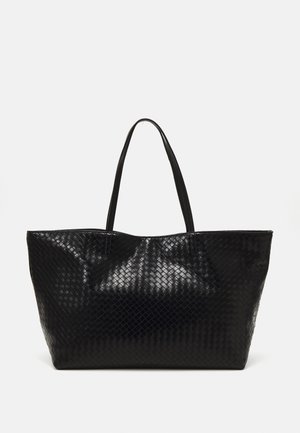 Black woven tote bag with two sturdy handles, featuring a glossy texture and a spacious open top design.