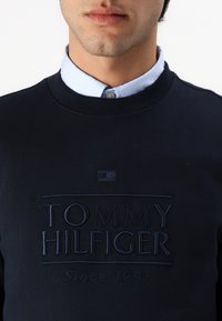Felpa navy con collo rotondo, caratterizzata da un logo ricamato "TOMMY HILFIGER" e il dettaglio "Since 1985" sul davanti, indossata sopra una camicia colletto azzurro chiaro.