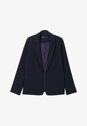 Blazer da donna blu navy con rever a lancia, due tasche applicate frontali e vestibilità slim, mostrato su uno sfondo bianco.