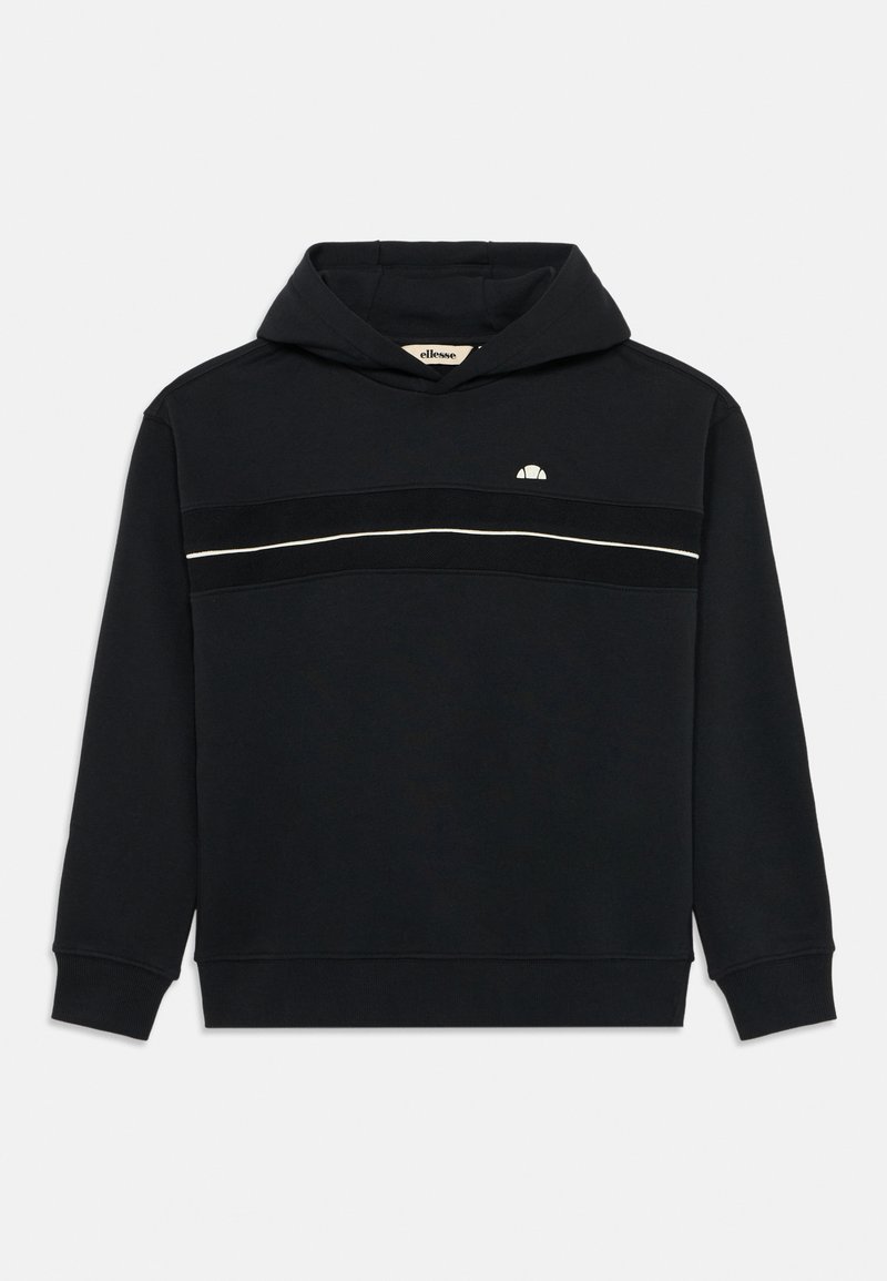 Sweatshirt com capuz, tecido preto, apresenta uma faixa branca central e uma faixa preta texturizada. Pequeno logo no peito. Textura suave.