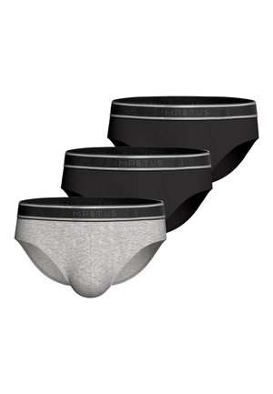 Trzy męskie slipy ułożone ukośnie, dwie pary czarne i jedna szara, każda z czarnym pasem w talii z delikatnym logo i cienkim odblaskowym paskiem.